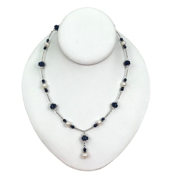 Elegant Pearl and Black Blue Goldstone Beaded Necklace With Silver Chain - Picture 1 of 8